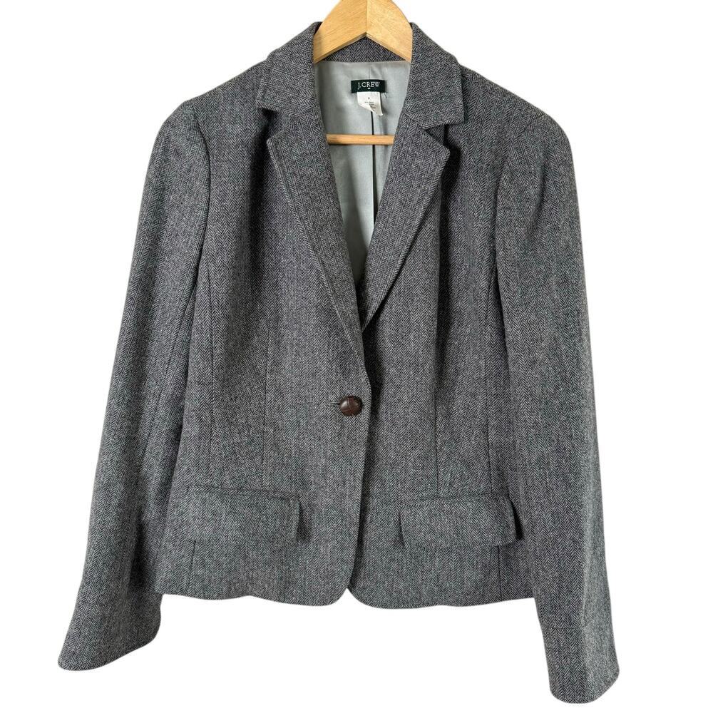 J.Crew Gray Herringbone Tweed Wool Blazer Jacket One-Button Fully Lined, Size 6